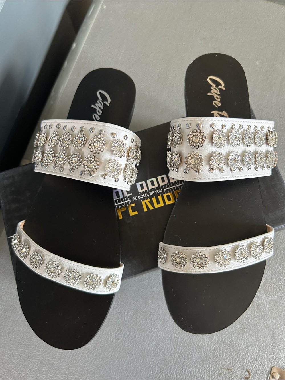 Cape Robbin White Jeweled Double-Strap Slide Sandals